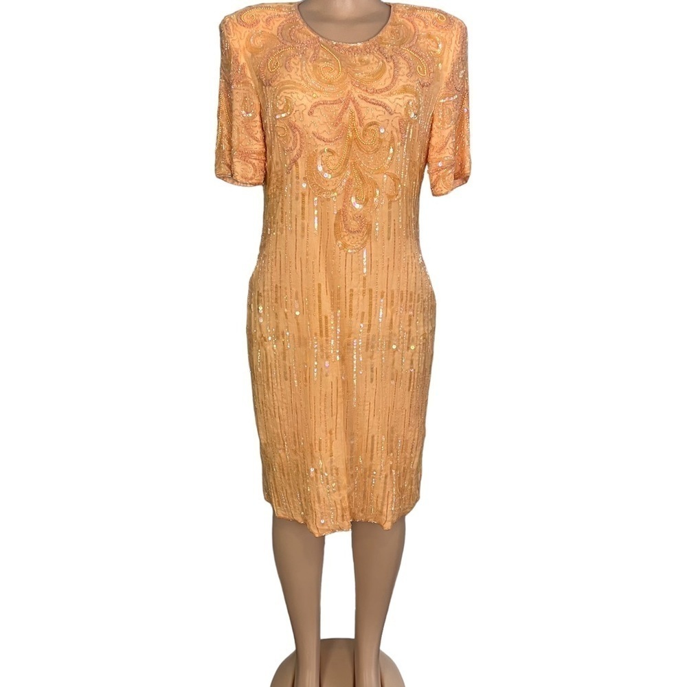 Jewel Queen Vintage Dres Sherbert Orange Short Sleeve Silk - Picture 3 of 12